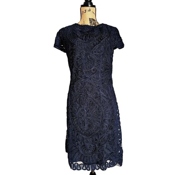 J S Collections Short Sleeve Mesh Dress Cocktail Navy Blue SZ 8 - Picture 2 of 10